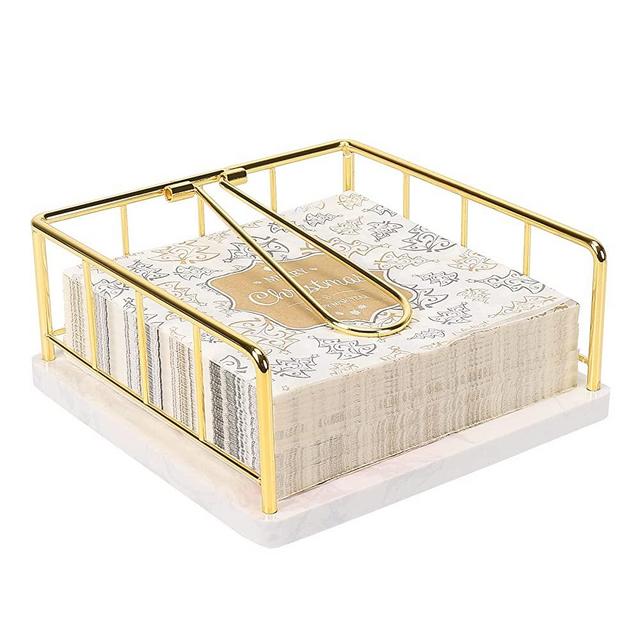 Livabber Flat Napkin Holder with Marble Base, All Metal Kitchen Napkin Holder with Weighted Tension Arm Rustic Tissue Paper Dispenser for Countertop, Table Kitchen, Dining Room (Gold)