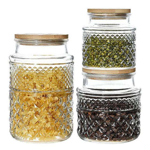 Glass Storage Jars, Kitchen Food Containers with Bamboo Lids, Airtight Embossed Mason Jar, Decorative Cereal Canisters for Candy Snack Cookies Coffee Tea Nuts Bean Countertop(Set of 3,20oz/40oz/60oz)