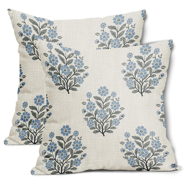Grandmillennial Pillow Covers 18x18 Inch Set of 2 Blue Floral Block Print Cotton Linen Decorative Throw Pillow Case Grand Millennial Cushion Cover for Bedroom Sofa Living Room Chair Home Decor