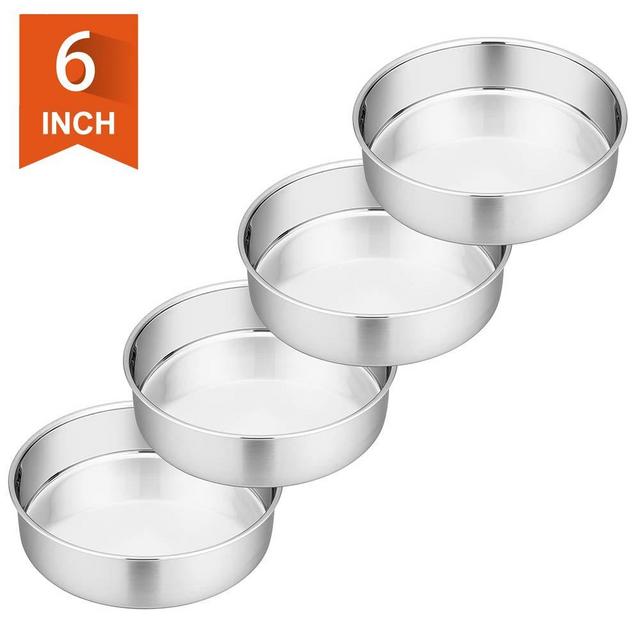 6 Inch Cake Pan, P&P CHEF 4-Piece Stainless Steel Round Baking Pans Layer Cake Pans Tin Set, Non Toxic & Healthy, Mirror Polished & Dishwasher Safe