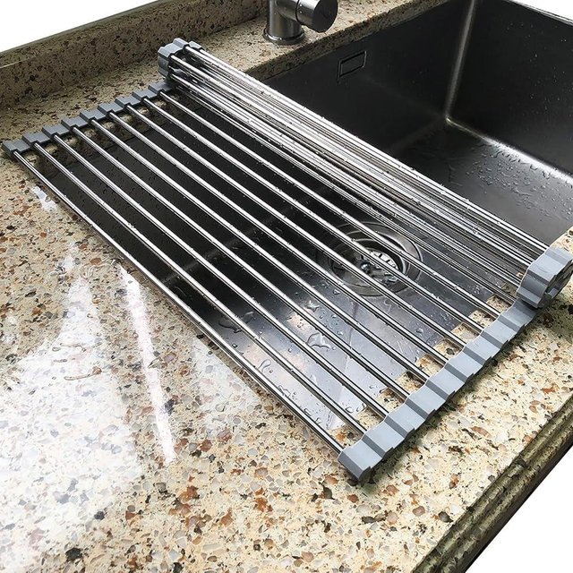 Tomorotec Roll Up Dish Drying Rack Over The Sink Grey Large Dish Drying Rack Rolling Foldable Collapsible SUS304 Stainless Steel Multipurpose Dish Drainer for Kitchen Counter (21”x15.7”)