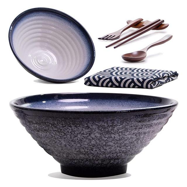 11 Pieces, Premium Dark Blue Ceramic XL Large Ramen Bowls Set: 2 60oz Noodles Bowl. Asian Chinese Japanese or Pho Soup. Includes: Wood Fork, Spoon, Chopsticks and Stands. And Table Runner.