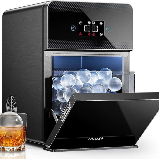 ecozy 2" Clear Ice Ball Maker Countertop with CrystalFlux Technology, 4 pcs in 40 Mins, 144 pcs/Day, Sphere Ice Maker with Automatic Water Supply, Self-Cleaning, Enhanced Insulation for Whiskey Bar