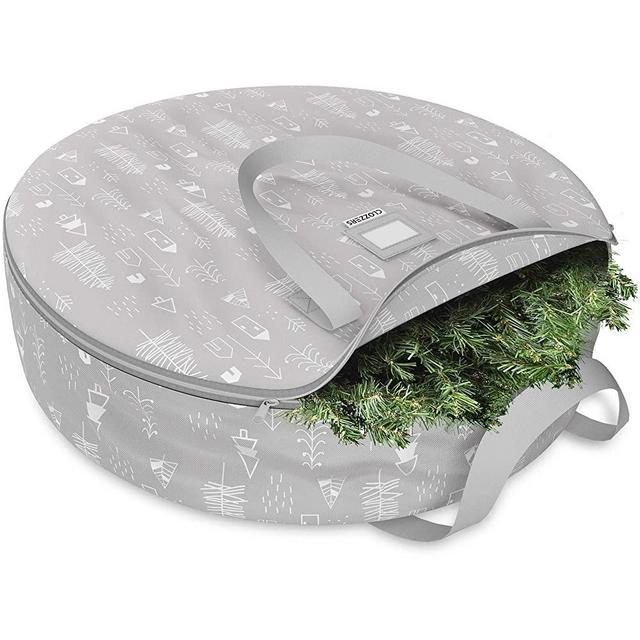 CLOZZERS Christmas Wreath and Garland Bag with Durable Zippered Closure and Sturdy Handles, for Wreaths up to 30” Inches, Heavy Duty, Tear Proof and Water Resistant, Grey Village Print