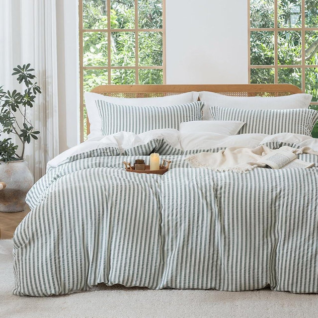 MILDLY Jacquard Stripe Duvet Cover - Sage Green 100% Washed Cotton Boho Textured Comforter Cover 3pcs with Zipper Closure 104"x90"