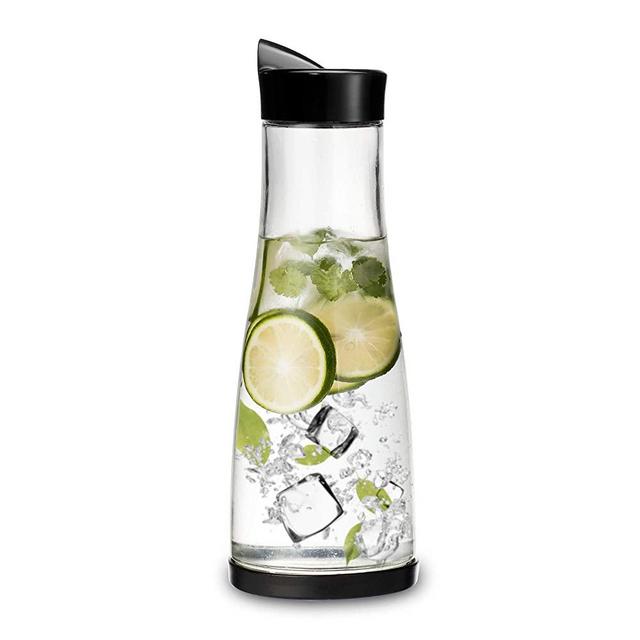 Chefoh Glass Water Carafe With Lid And Protective Base, EZ Pour Drip Spout 1 Liter/ 33.8 Oz, Fridge Water Pitcher Bottle Dispenser, Great For Juice, Lemonade, Iced Tea, Milk, Wine