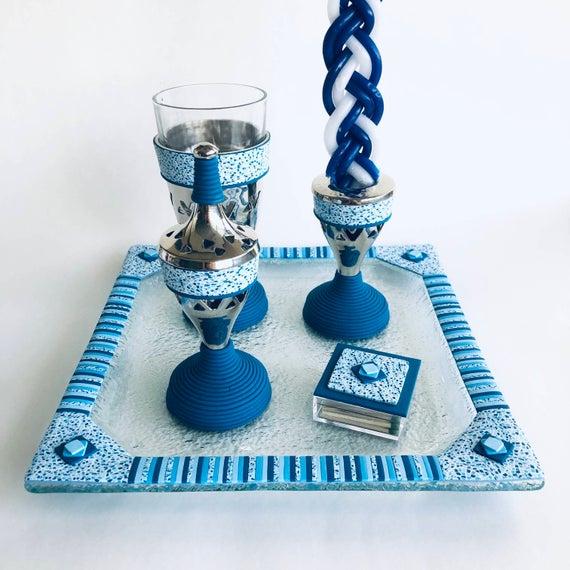 Modern Havdalah Set, 5 pieces, Spice Box, Wine Kiddush Cup, candle holder, Shabbat Havdalah Set, Handmade, Judaica, Personalized Gift, Blue.