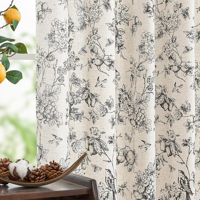 jinchan Linen Floral Curtains for Living Room 63 Inch Length Black Printed Flower Light Filtering French Country Curtain Farmhouse Cottage Core Toile Curtains Back Tab Window Drapes Set 2 Panels