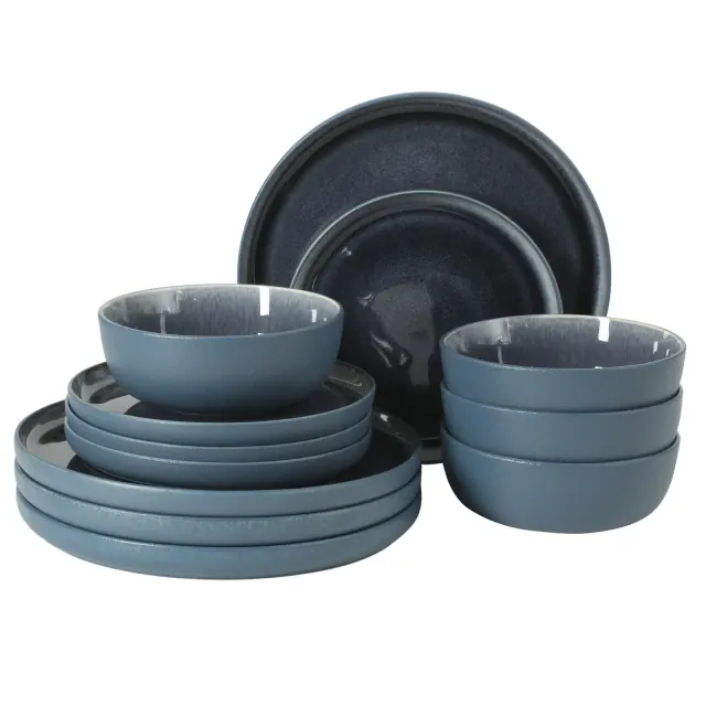 Gibson Elite Tahoe Sunset 12-Piece Reactive Stoneware Dinnerware Set – Matte Exterior & Shiny Interior Plates and Bowls, Durable Everyday Dish Set