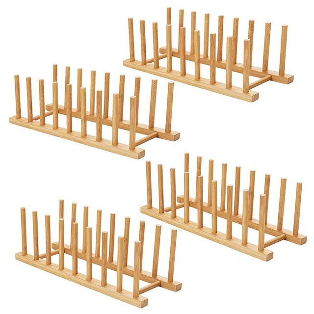 HBlife 4pcs Bamboo Dish Plate Bowl Cup Book Pot Lid Cutting Board Drying Rack Stand Drainer Storage Holder Organizer Kitchen Cabinet (set of 4)