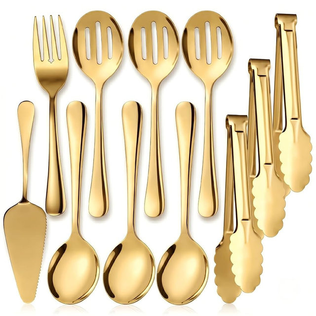 Kzovone 11PCS Stainless Steel Gold Serving Utensils, 8.7''Serving Spoons,8.7''Slotted Spoons, Serving Fork, 9'' Serving Tongs,Cake Server,Hostess Serving Set for Chafing Dish Buffet Catering Parties