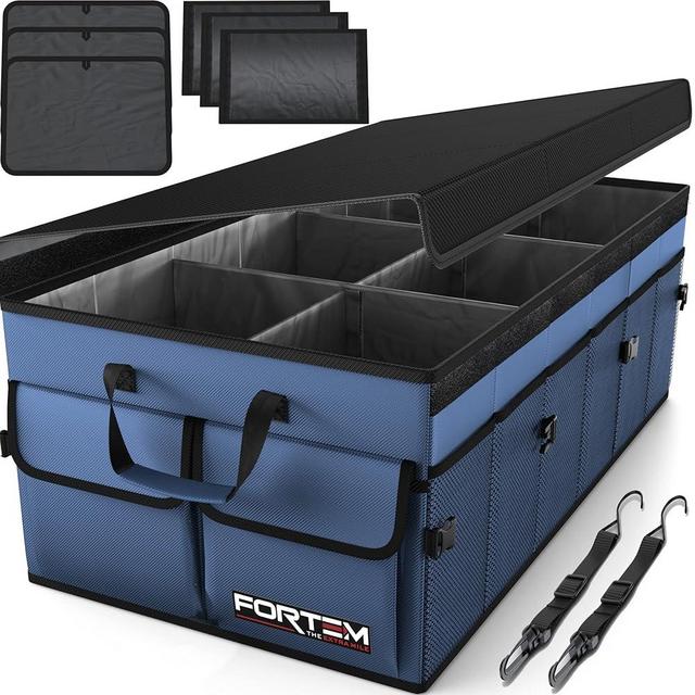 FORTEM Collapsible Multi Compartment Storage Organizer For Car, SUV, Trunk, Non Slip Bottom, Adjustable Securing Straps, Foldable Cover (Blue, X-Large)