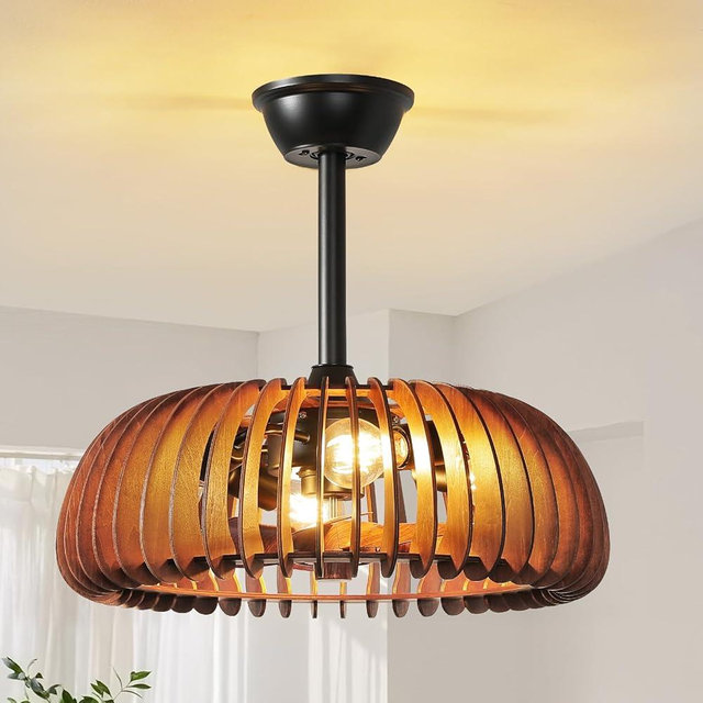 mnikopE 20'' Caged Ceiling Fan with Light, Wooden Low Profile Ceiling Fan with Light and Remote, 6 Speed and Reversible, Farmhouse Fandelier Bladeless Fan Lights for Bedroom, Kitchen