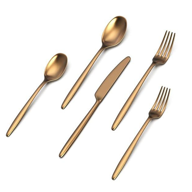 JazzUpCo Ava Flatware Flatware non toxic 18/10 stainless steel dishwasher safe (Matte Gold, 12 Person Set (60 Pieces))