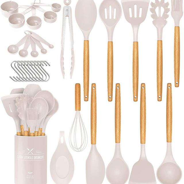 33 PCS Silicone Cooking Utensils Set, Kitchen Utensils Spatula Set with Holder, Wooden Handles Heat Resistant & BPA Free & Non-Toxic -Best Kitchen Gadgets Tools for Cookware(Khaki)