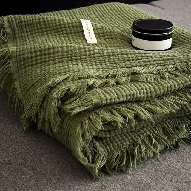 SANACYNA Muslin Blankets 100% Cotton 6-Layer Gauze Solid Green Cooling Blanket Lightweight Soft Breathable Throw Blanket for Sofa Bed Coverlet Both Sides (Tassels Olive Green, Throw 50"x60")