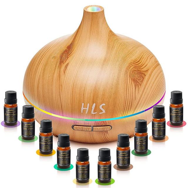 Aroma Humidifier for Essential Oil Large Room Set with 10 Essential Oils, Aromatherapy Ultrasonic Diffusers for Essential Oils Wood Grain,Bedroom Vaporizers Cool Mist Humidifier for Home and Office