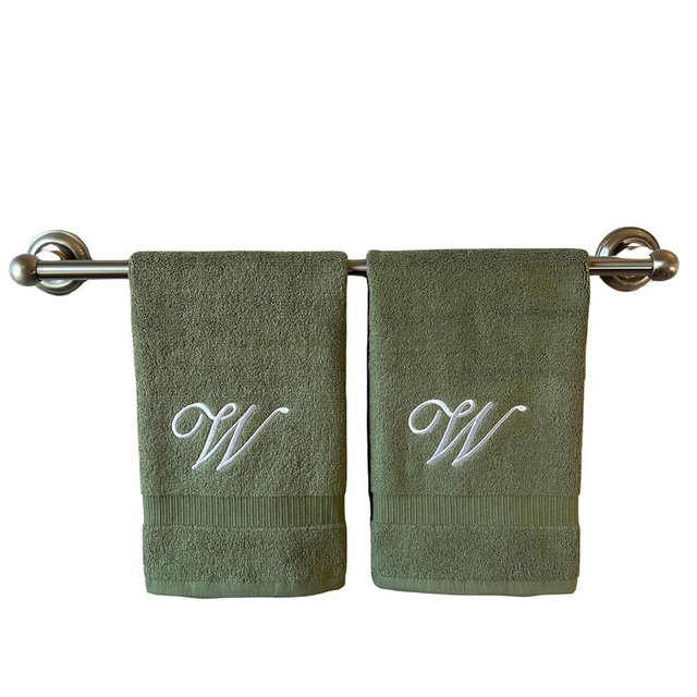 Sage Monogrammed Hand Towels for Bathroom - Luxury Hotel Quality Personalized Initial Embroidered Towel for Powder Room, Spa - GOTS Organic Certified - Set of 2 White Letter W