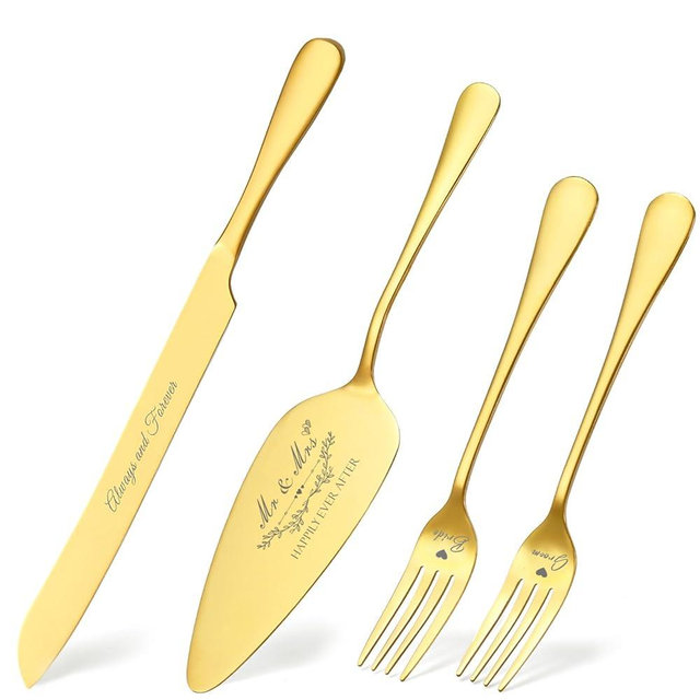 Wedding Cake Knife and Server Set, Gold Cake Cutting Set for Wedding, 4 Pieces Set with Forks for Engagements, Anniversaries, Bride and Groom