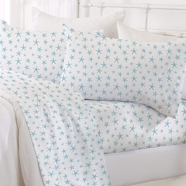 Printed Coastal Microfiber Bed Sheets. Wrinkle Free, Deep Pockets, Beach Theme Sheet Set. Newport Collection (King, Starfish - Blue)