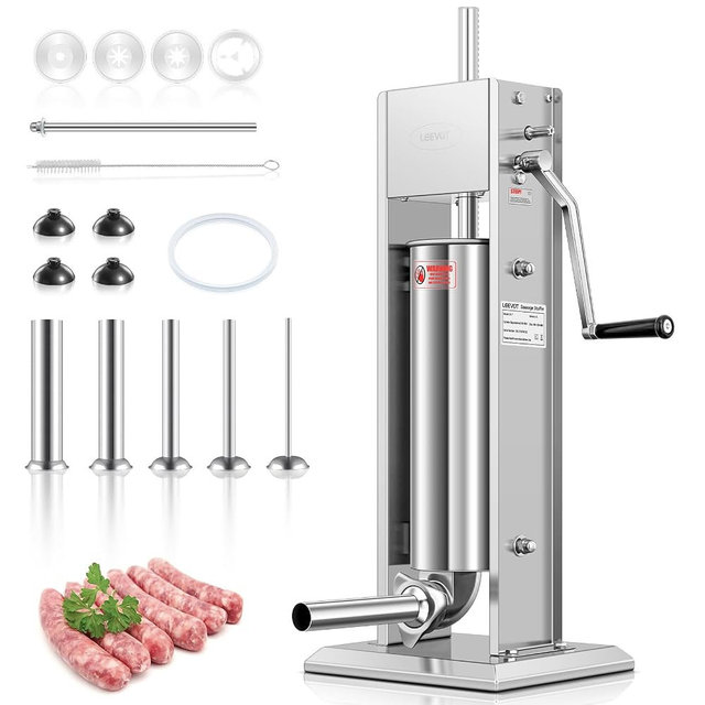 LEEVOT 15LBS/7L Manual Sausage Stuffer, Professional Stainless Steel Sausages Maker & Filler Kit with 2 Speed, 5 Stuffing Tubes, Vertical Meat Stuffers for Home Kitchen, Commercial Use