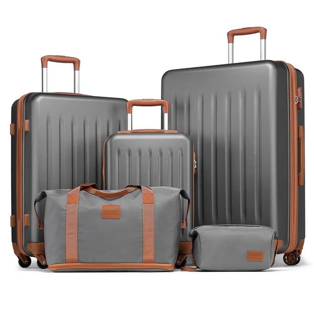 Kono Luggage Sets 5 Piece with Travel Duffel Bag, Expandable(Only 28") Suitcase Set ABS Hard Case Luggage with Spinner Wheels Durable Travel (Grey Brown, 5 Piece Set)
