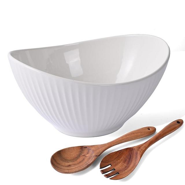 Hoilse Ceramic Salad Bowl, 60 OZ Large Mixing Bowl with Wooden Utensils, 10" Serving Dishes for Salad, Fruit, Snacks, Microwave&Dishwasher Safe, 1PC (white)