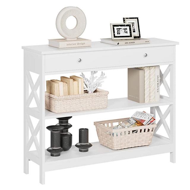 Kealive Console Table with 1 Drawer, Tall Entryway Table with 3-Tier Storage Shelves, Narrow Sofa Entry Table for Hallway Living Room, Sturdy Wood X Frame, 39.4 x 11.8 x 31.5 inches, White