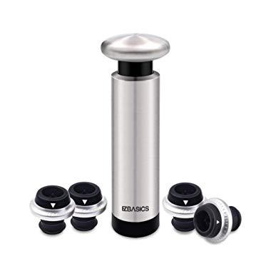 EZBASICS Wine Saver with 4 Wine Stoppers - Stainless Steel Wine Vacuum Pump with 4 Rubber Wine Bottle Stoppers with Vacuum