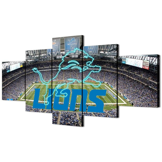 generic (60X100CM/5PCS) Framed Canvas Print Original Poster - Detroit Ford Field With The Lions Neon Sign - American football Wall Art for Home and Office Decor