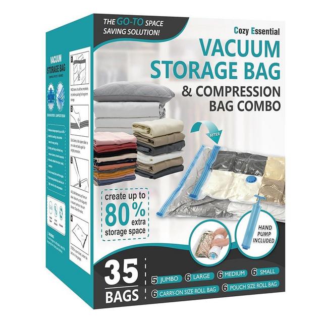 35 Pack Space Saver Bags (5 Jumbo/6 Large/6 Medium/6 Small/6 Roll-M/6 Roll-S) Compression Storage Bags for Comforters and Blankets, Vacuum Sealer Bags for Clothes Storage, Hand Pump Included