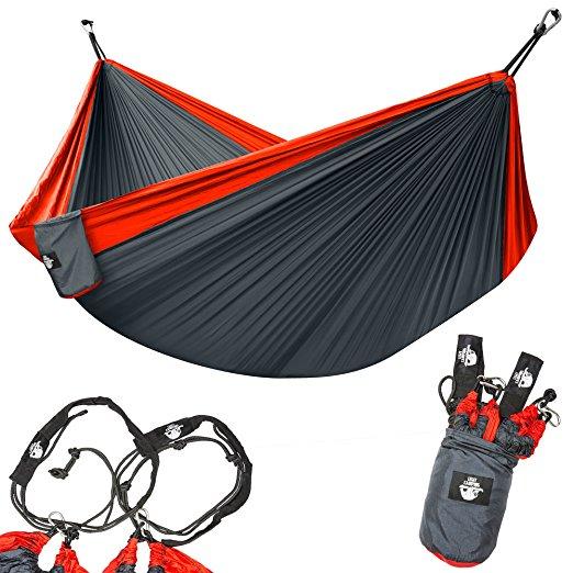 Legit Camping - Double Hammock - Lightweight Parachute Portable Hammocks for Hiking , Travel , Backpacking , Beach , Yard . Gear Includes Nylon Straps & Steel Carabiners