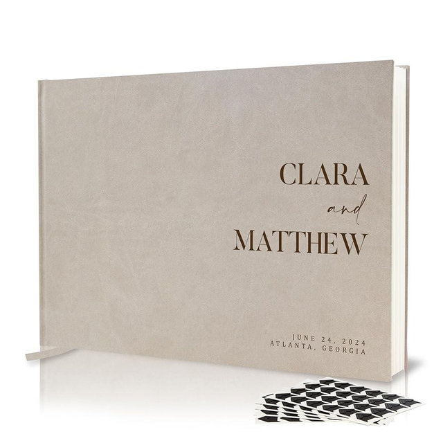 Personalized Guest Book - Premium Custom Guest Signing Book with Bookmark and Blank Pages for Wedding Reception Table Decoration Engagement Birthday Party Event, Taupe, 11.5" x 8.5", Font 3