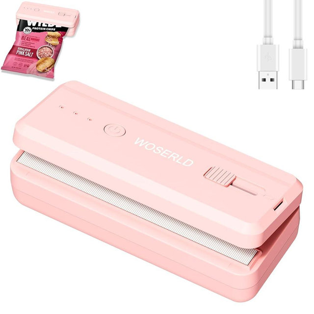 WOSERLD Mini Bag Sealer 2 in 1 Chip Bag Sealer and Cutter USB Rechargeable Heat Sealer Machine Sealer Portable sealer with Lithium 1300mAh Battery kitchen food packaging bag resealer (Pink)