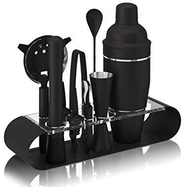 The Complete Bartender Kit | 11 Piece Cocktail Shaker Set with Stand | Great To Make Martini, Margarita, Mojito or Any Other Alcohol or Liquor Drink | Impressive Set For Special Gift! (Matte Black)