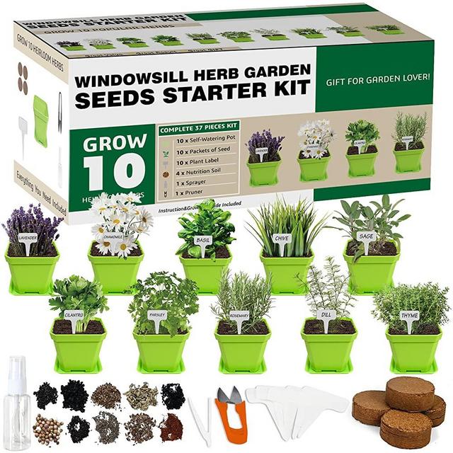 Indoor Herb Grow Kit, 10 Herb Seeds Garden Starter Kit with Green Pots, Markers, Nutritional Soil, Watering, Herb Clipper, Complete Potted Plant Growing Set for Kitchen Herb Garden DIY