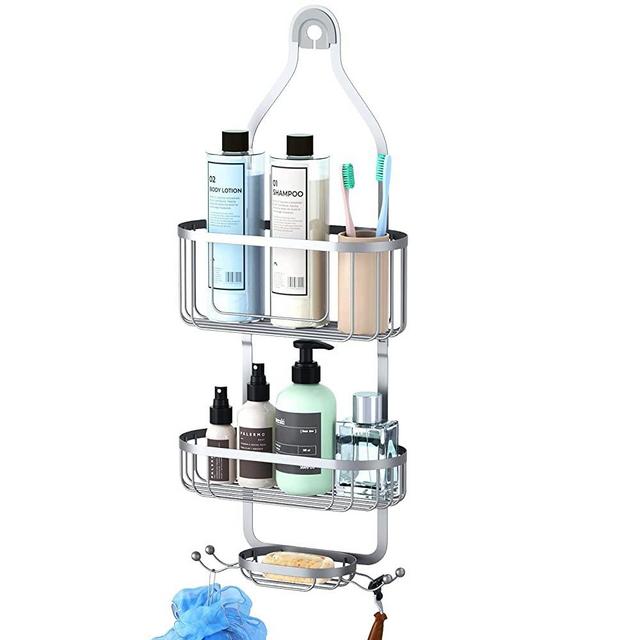 Kadolina Bathroom Hanging Shower Organizer, Over Head Shower Caddy Basket with Hooks for Razor and Sponge, Rustproof Stainless Steel, Silver