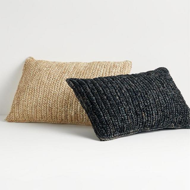 Bilby 18"x12" Neutral Decorative Raffia Pillow with Feather-Down Insert