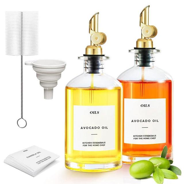 Glass Bottle Dispenser for Kitchen, Olive Oil Dispenser Bottle Set with 2 Stainless Steel Spouts, 2 Coffee Syrup Dispenser Cruet and 35 Labels, 1 Funnel, 1 Brush, Cooking Gifts, 350ml/11.8oz
