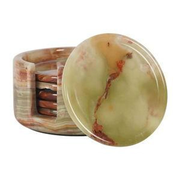 Marble Coasters Set of 6 Green Onyx 3.5 Inch Round Coaster for Drinks with Holder, Drink Coaster for Tabletop & Coffee Table Decor, Ideal Home Decor