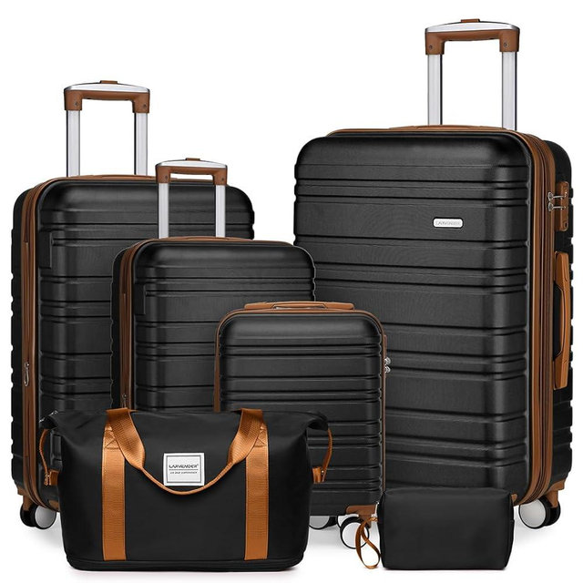 LARVENDER Luggage Sets 6 Piece, Expandable Hardside Carry on Suitcase Set with Spinner Wheels, Lightweight Rolling Luggage for Men and Women with TSA Lock, Black