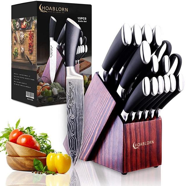 Knife Set with Block Self Sharpening, Kitchen Knife Set (Professional Knife Sets Germany Stainless Steel with Wooden Knifves Block).Perfect Housewarming Presents or Wedding Gifts