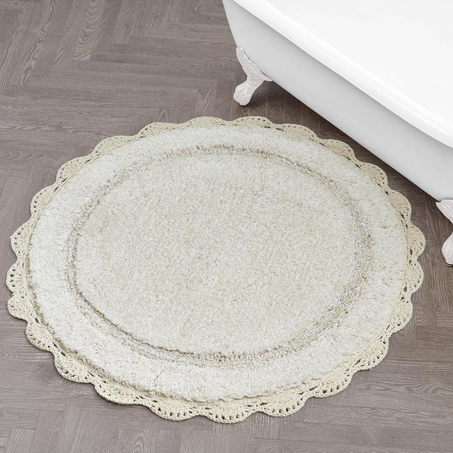 Laura Ashley Eloise 100% Cotton Round Bath Mat with Crochet Border, Soft & Absorbent, Sandshell Beige 26" Bathroom Rug