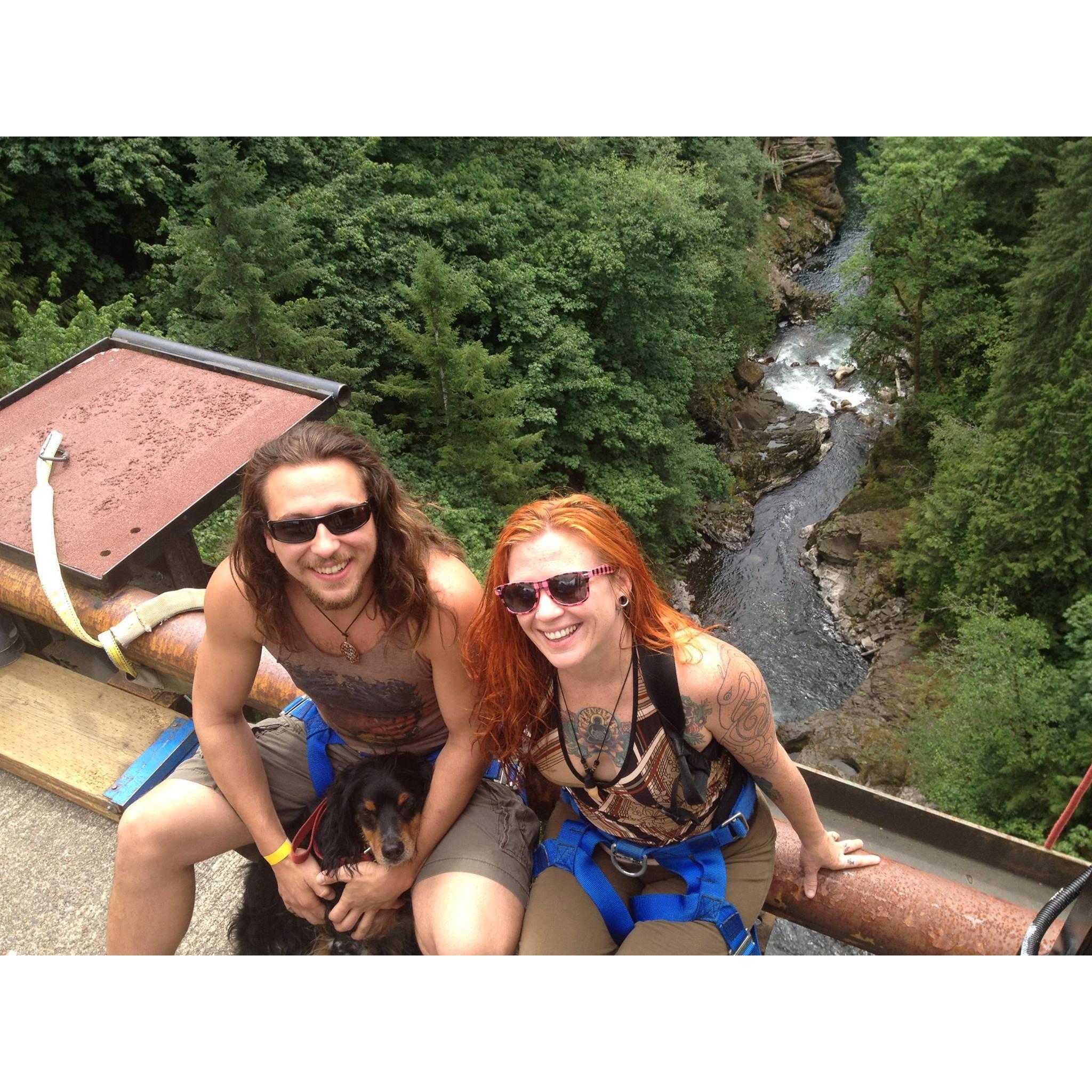 Thrill Seekers about to bungee jump off this bridge