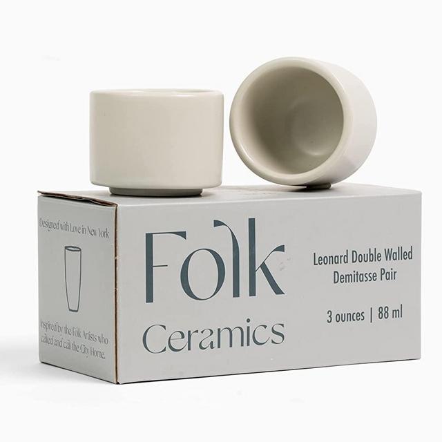 Folk Ceramics Leonard Double Walled Ceramic Espresso Cups | Set of 2, 3oz, Fog Grey | Modern Insulated Stackable Demitasse Mugs for Espresso| Handleless, Durable, Dishwasher & Microwave Safe