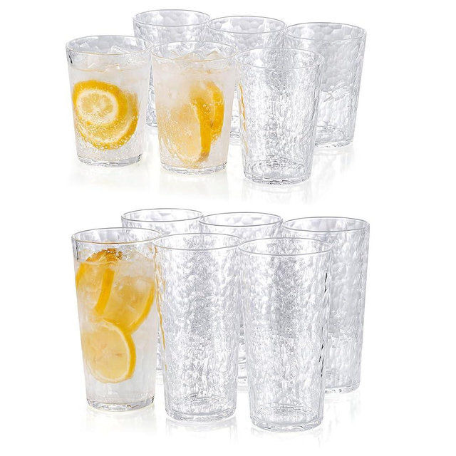 KOXIN-KARLU Hammered 15-ounce and 24-ounce Plastic Tumbler Acrylic Glasses Drinking Cups, set of 12 Clear