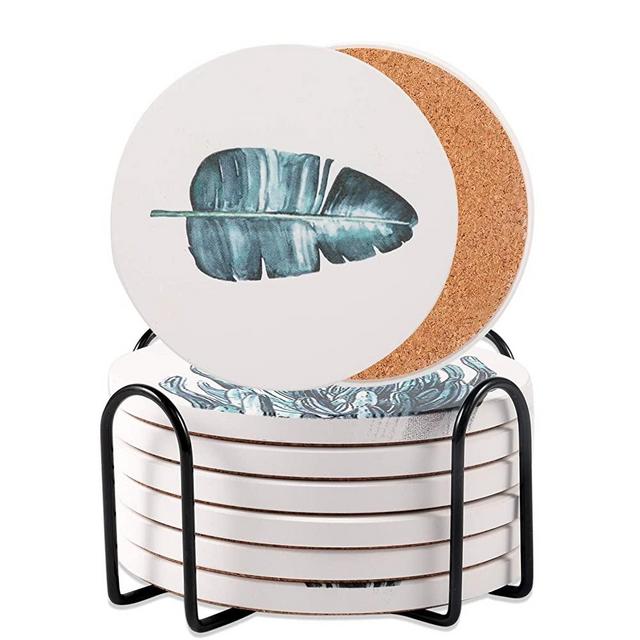 Drink Coasters Set of 6 - Marble Style Ceramic Round Coaster with Cork Base and Holder，Suitable for Kinds of Cups, Wooden Table,4 Inches (Green Plants)