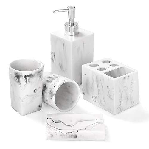 Bathroom Accessories Set, 5 Piece Marble Complete Bathroom Set for Bath Decor, Includes Toothbrush Holder, Soap Dispenser, Soap Dish, 2 Tumblers, Ink White