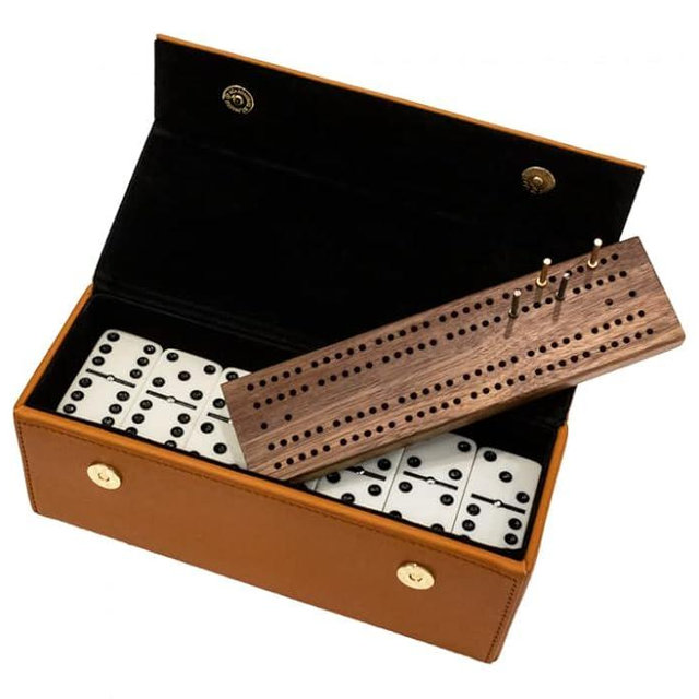 Alex Cramer Spinner Domino Set. Caramel Leather Case - Professional Tournament Traveler Domino Set - with Spinners - 28 Indestructible Double Six Dominoes