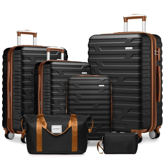 LARVENDER Luggage 6 Piece Sets Hardside Expandable Suitcases with Spinner Wheels TSA Lock, Lightweight Travel Carry On Luggage Sets for Women, Black